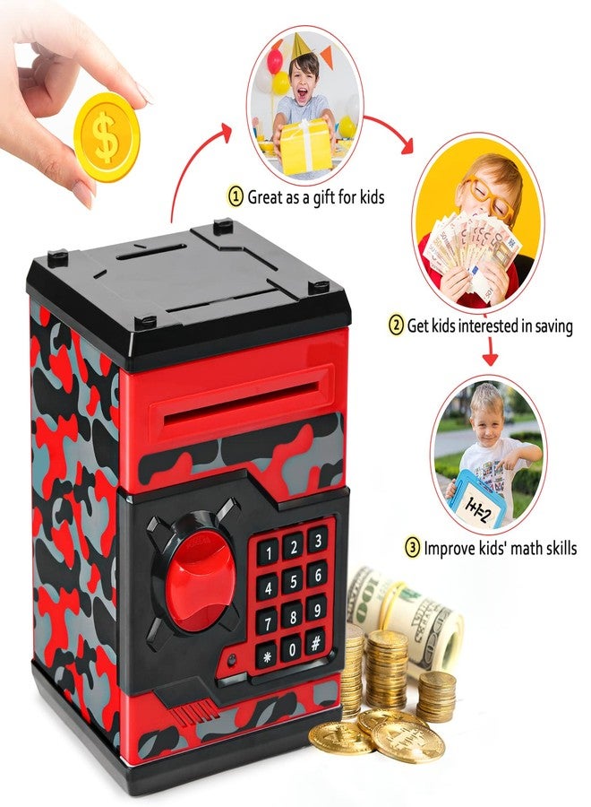Vcertcpl ATM Piggy Bank for Boys Girls, Vcertcpl Mini ATM Coin Bank Money Saving Box with Password, Kids Safe Money Jar for Adults with Auto Grab Bill Slot, Great Gift Toy Bank for Kids(Camouflage Red) - Image 5